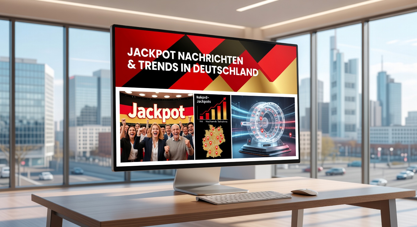 Feierliche Lotto-Ziehung mit glücklichen Gewinnern und leuchtenden Jackpot-Summen auf einem Bildschirm