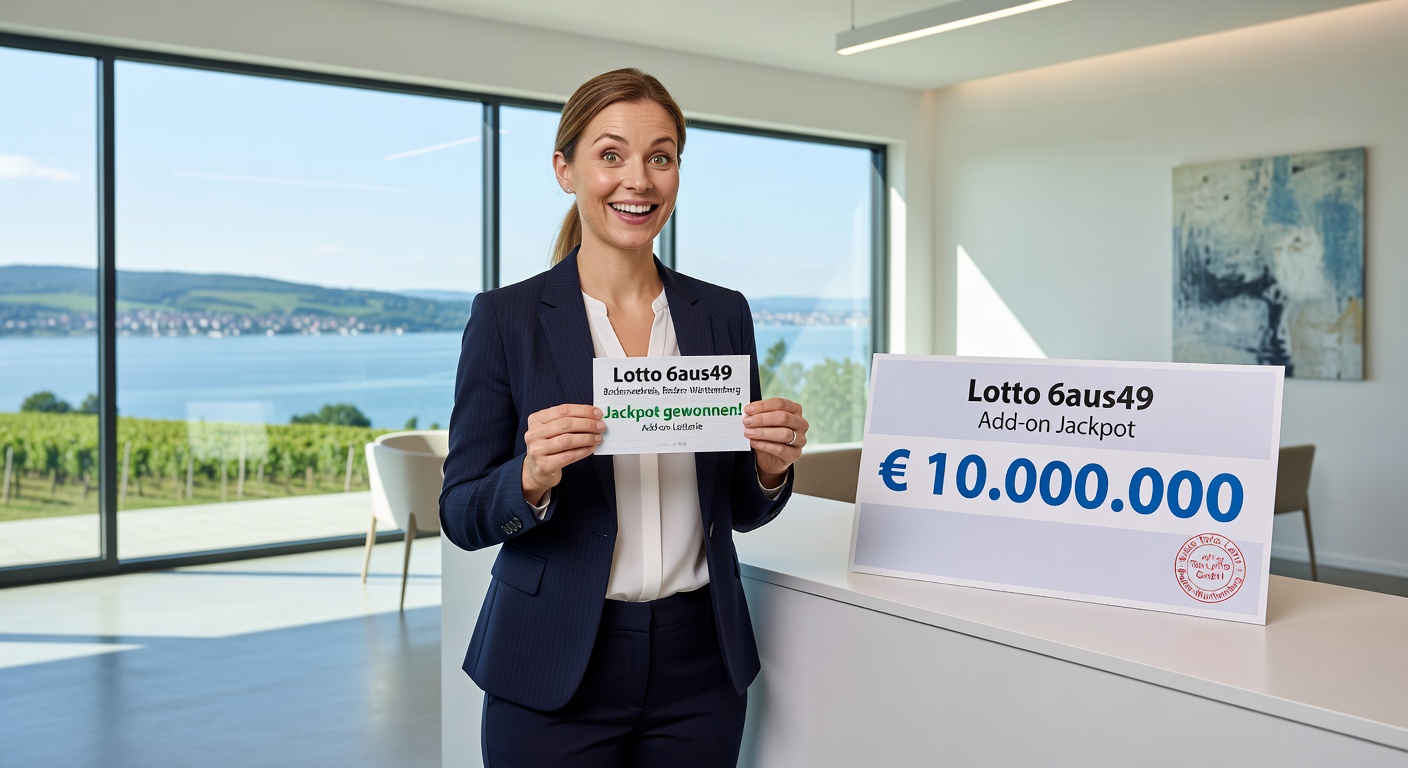 Glückliches Paar feiert Lotto-Gewinn mit Sekt und einem dicken Scheck in der Hand