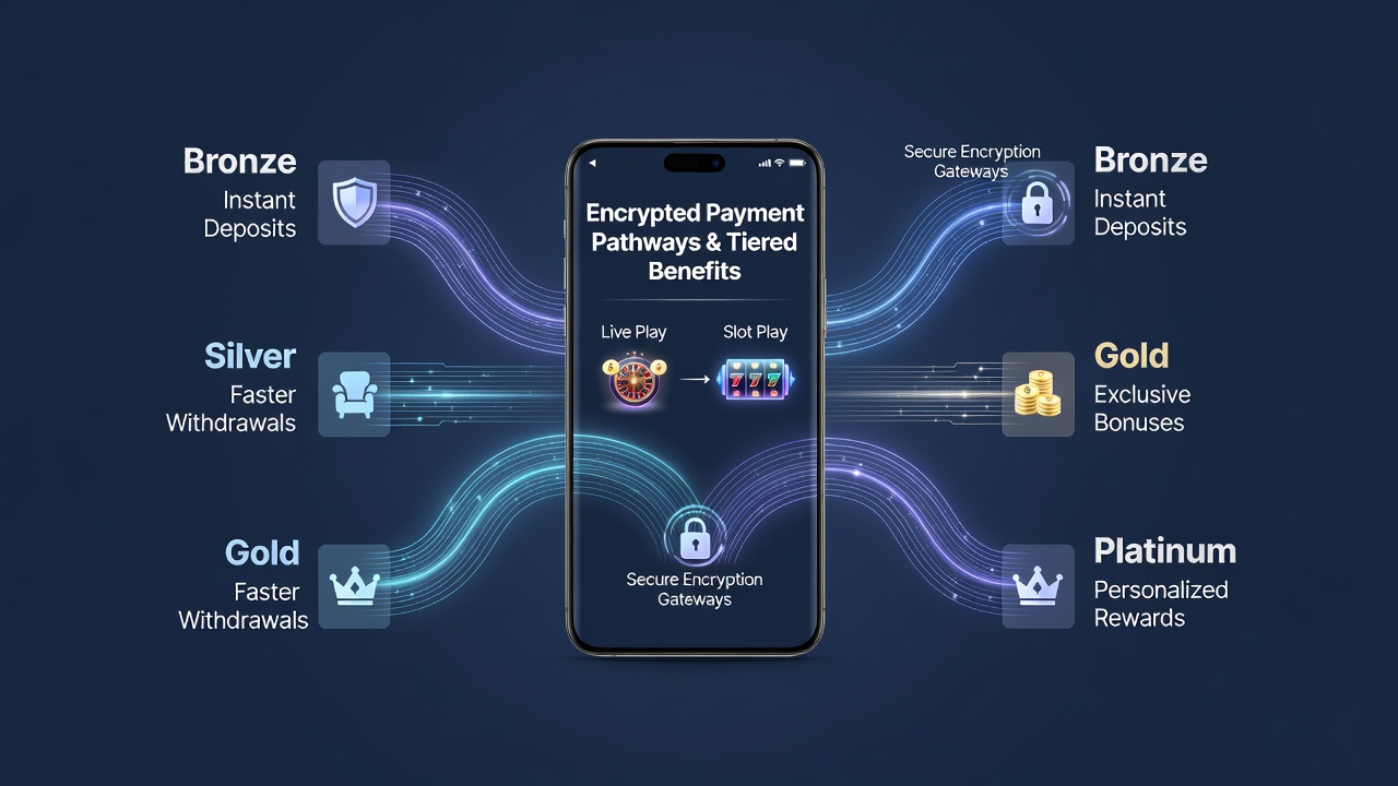 Mobile App-Oberfläche zeigt verknüpfte Zahlungs- und Belohnungsebenen für Live- und Slot-Spiele