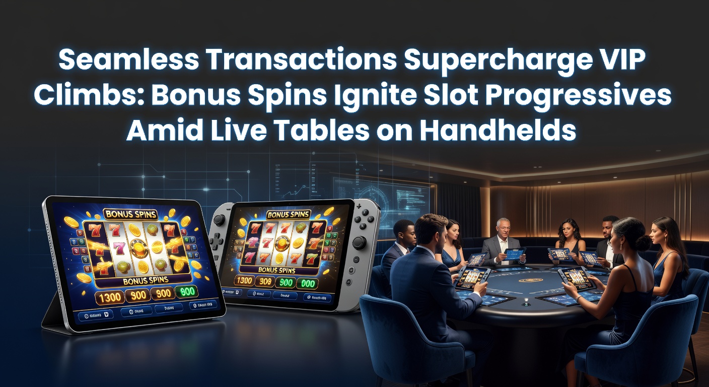 Smartphone zeigt Casino-App mit nahtlosen Zahlungen, VIP-Leveln und drehenden Slot-Rädern neben Live-Dealer-Tischen