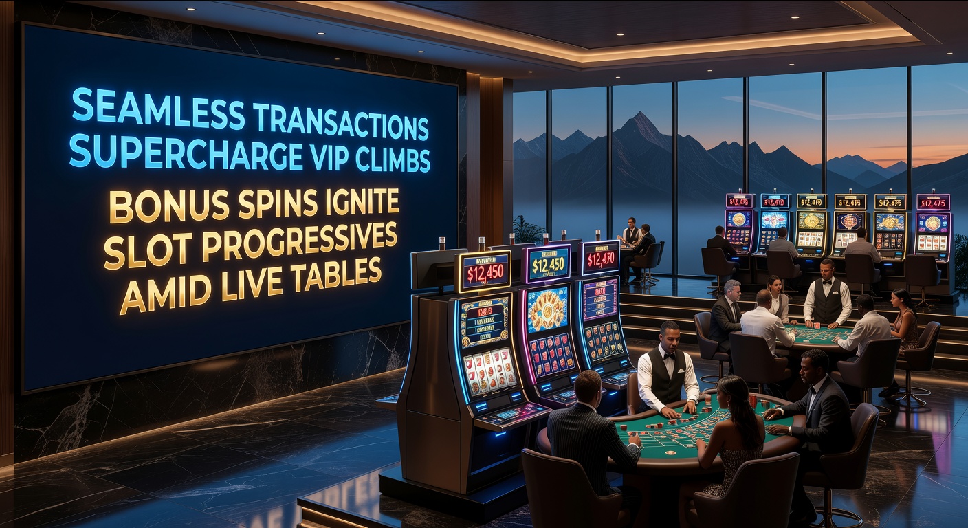 VIP-Dashboard auf Tablet mit steigenden Leveln, Bonus-Spins bei Progressives und Live-Blackjack-Tisch im Hintergrund